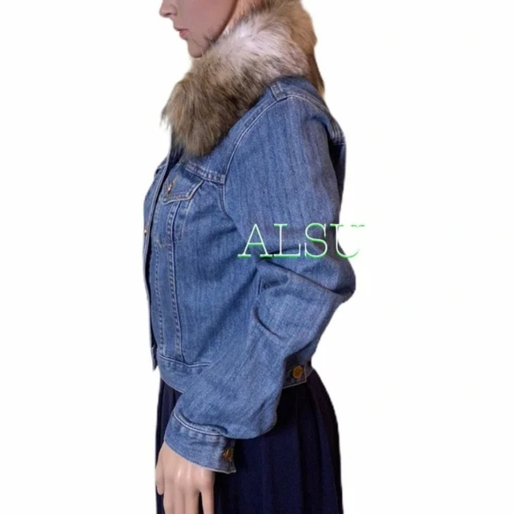 💖MEGA SALE💖💥 Faux Fur Denim Jacket Collar LightInd JF91EU3N37 - Picture 4 of 8